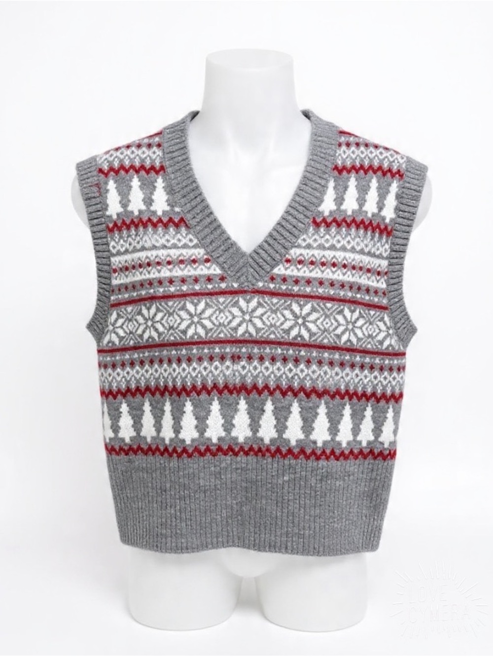London Kaye  Grey Fair Isle V-Neck Sweater Vest with Red & White Pattern size S